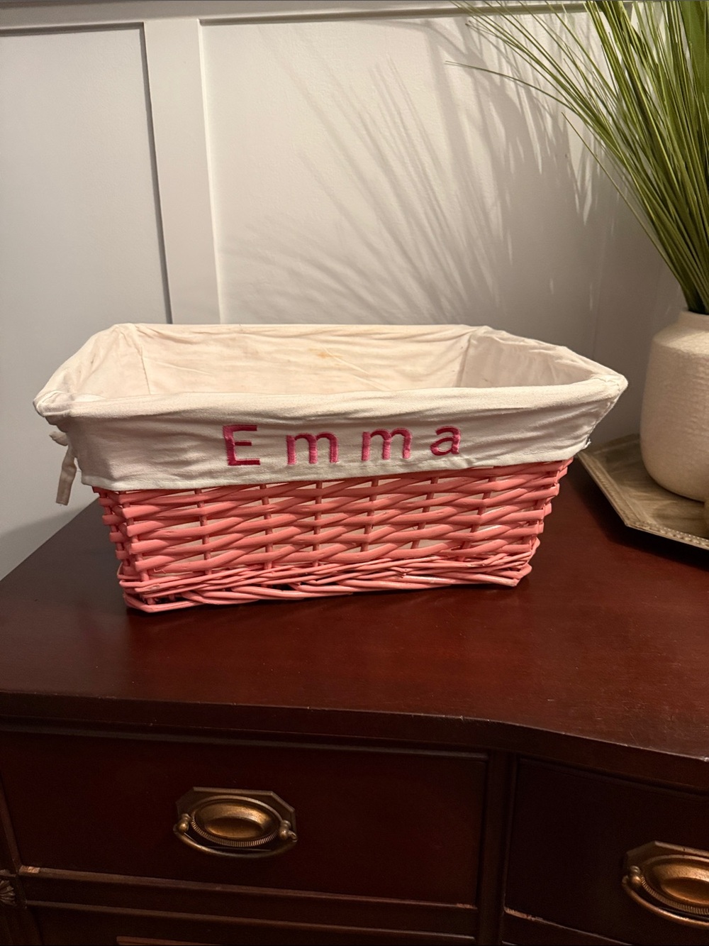 Personalized Pink Wicker Storage Basket with Cream Liner - Emma